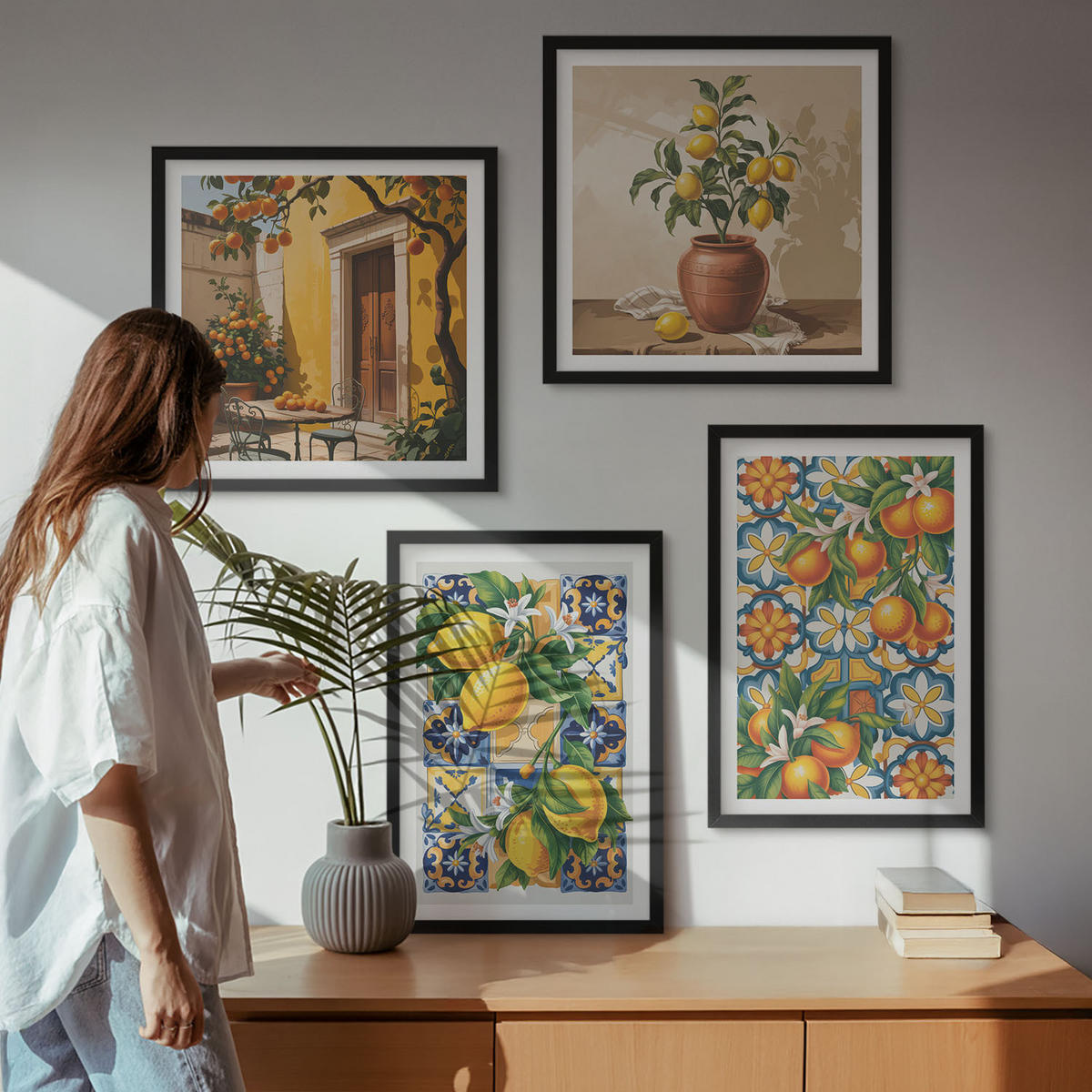 BILDER SET 4er Set - 50x50 cm & 40x60 cm Schwarzer Rahmen - Zitronenorange Blütenmuster - Schwarz, Kunststoff (50/50cm) - TULUP