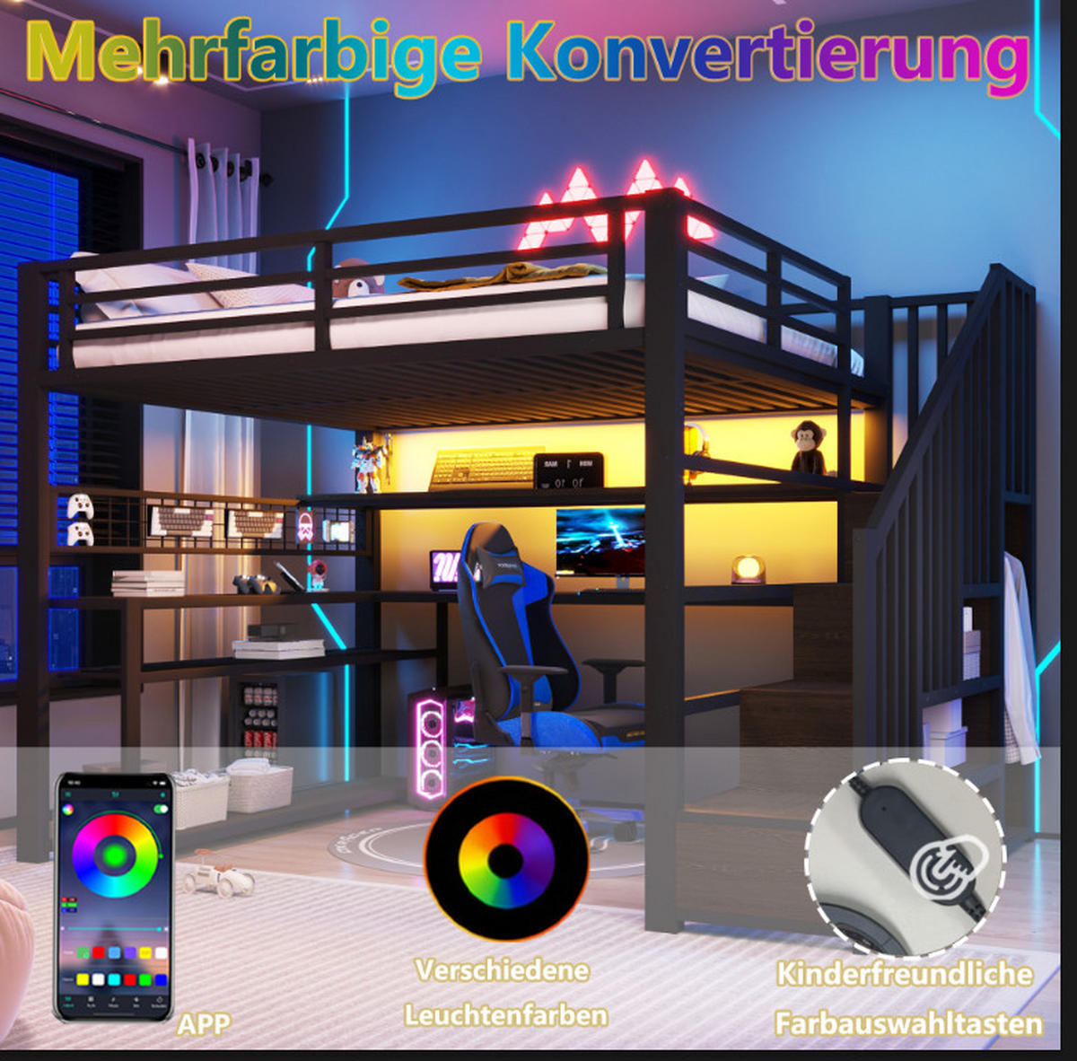 HOCHBETT 90/200 cm Schwarz mit LED, Schreibtisch und Stauraum - Schwarz, Metall (90/200cm) - MIVRAY
