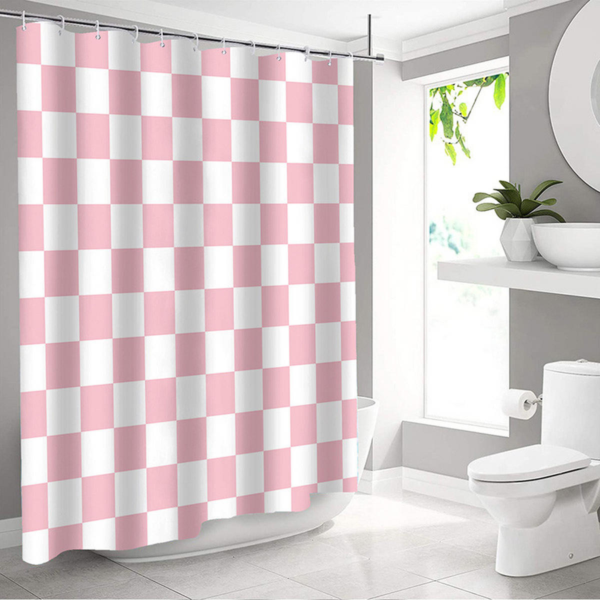 DUSCHVORHANG Rosa Weiß kariert 180 x 180 cm Schachbrettmuster wasserdicht fürs Badezimmer - Multicolor, Textil (180/180cm) - MCBOSON