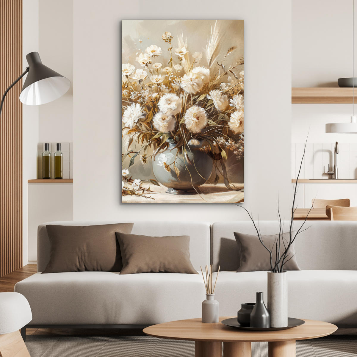 METALLBILD Blumen - Vase - Stilleben - Beige 60x90 cm - Creme, Metall (60/90cm) - MuchoWow