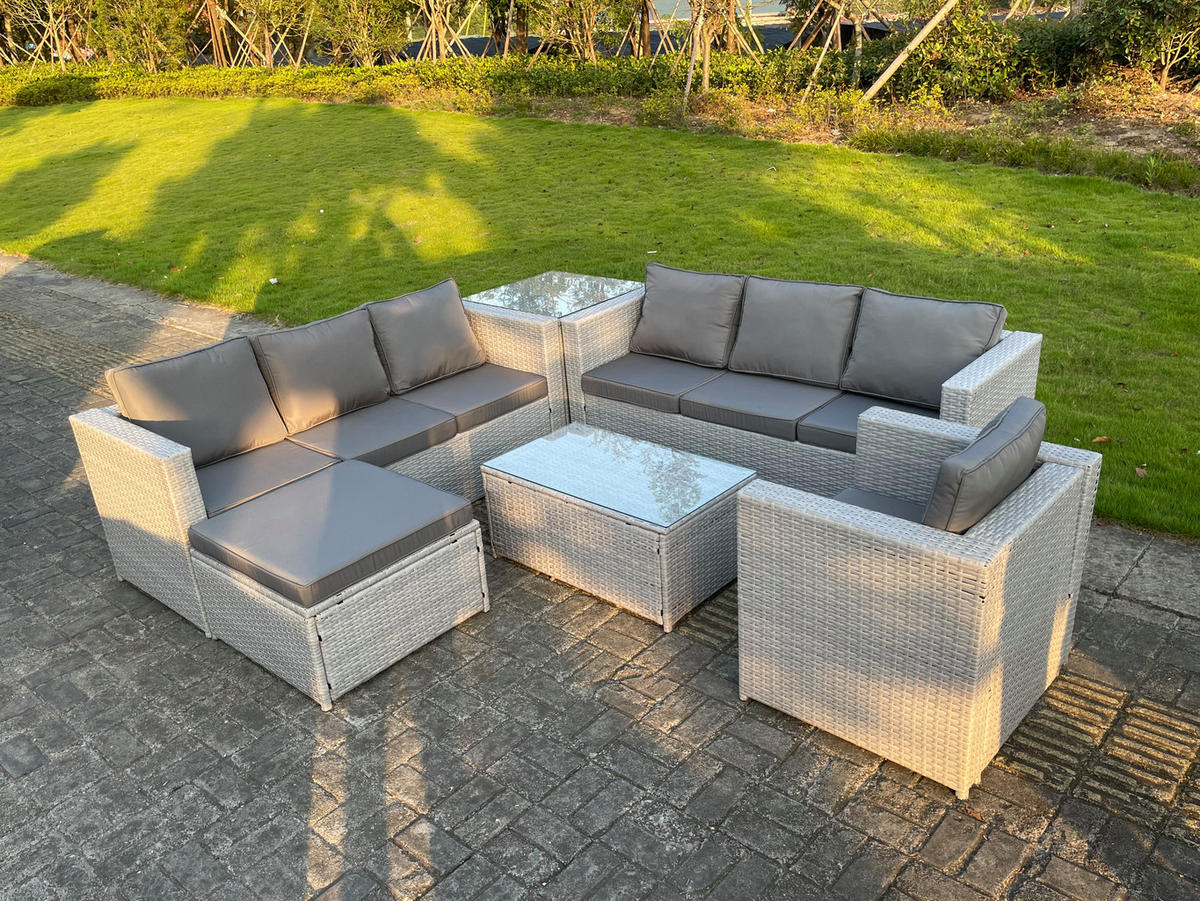 GARTENMÖBEL SET mit Couchtisch Polyrattan Helles Grau 8-Sitzer - Hellgrau, Metall - Fimous
