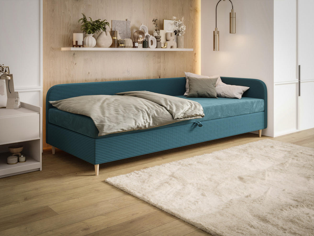 BOXBETT MIKO 80x200 mit Matratze H3, Bonell und Topper RIVIERA 76+LINCOLN 75 - Blau, Textil (80/200cm) - Bedante