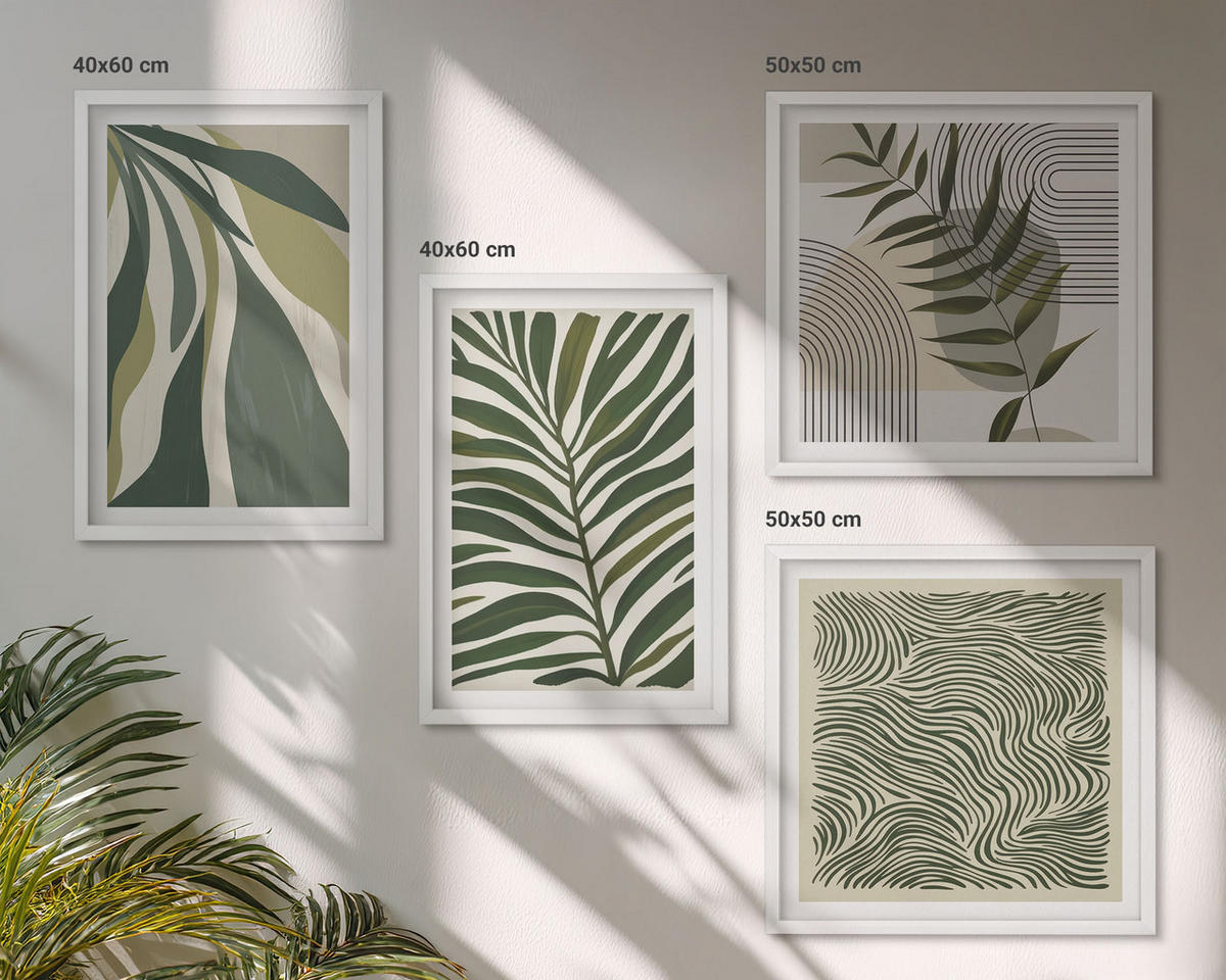 BILDER SET 4er Set - 50x50 cm & 40x60 cm Weißer Rahmen - Blätter, Wellen – Pastellillustrationen - Weiß, Kunststoff (50/50cm) - TULUP