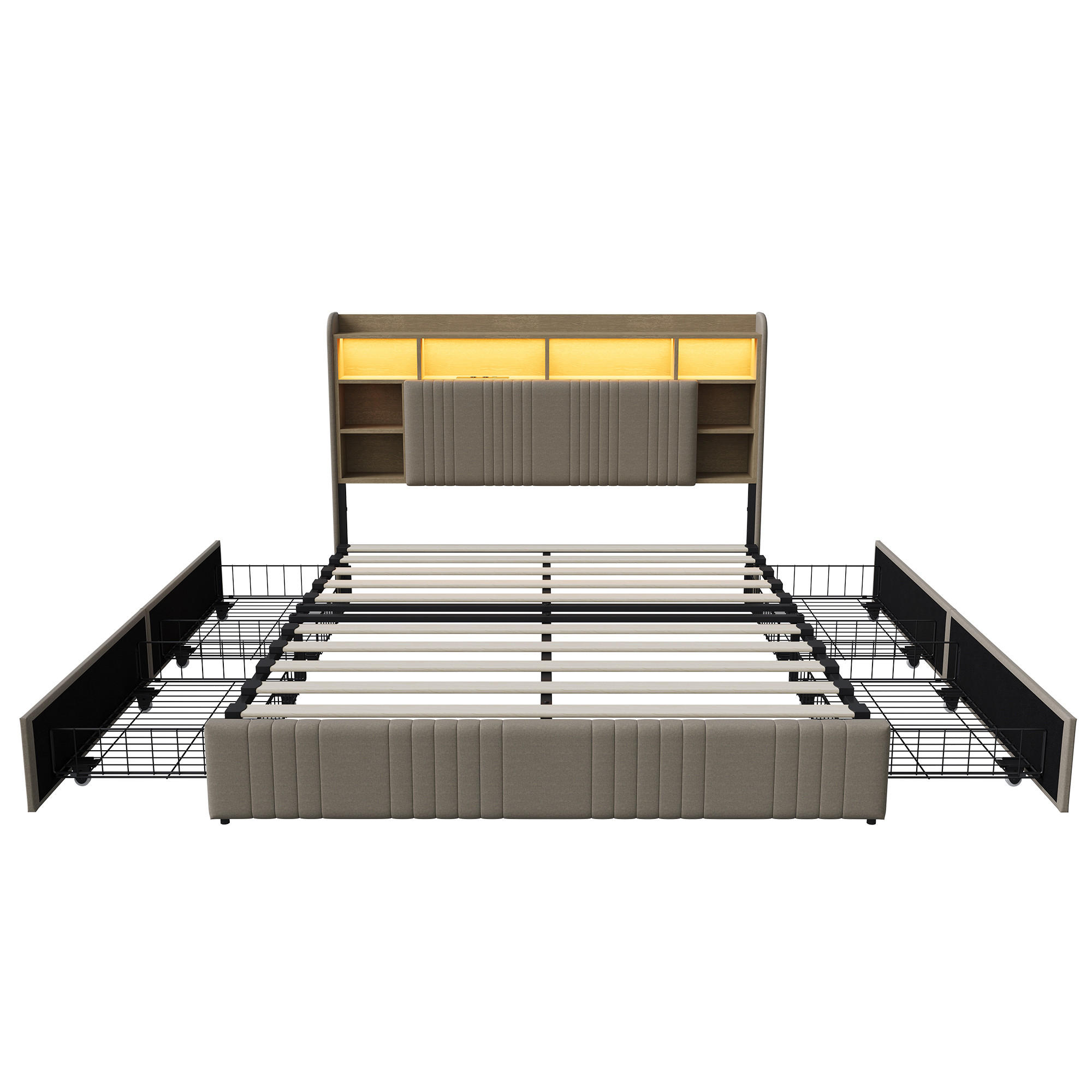 POLSTERBETT 140/200 cm Beige mit Schubladen und USB-Anschlüssen - Beige, Holz (140/200cm) - SHOPENTRA