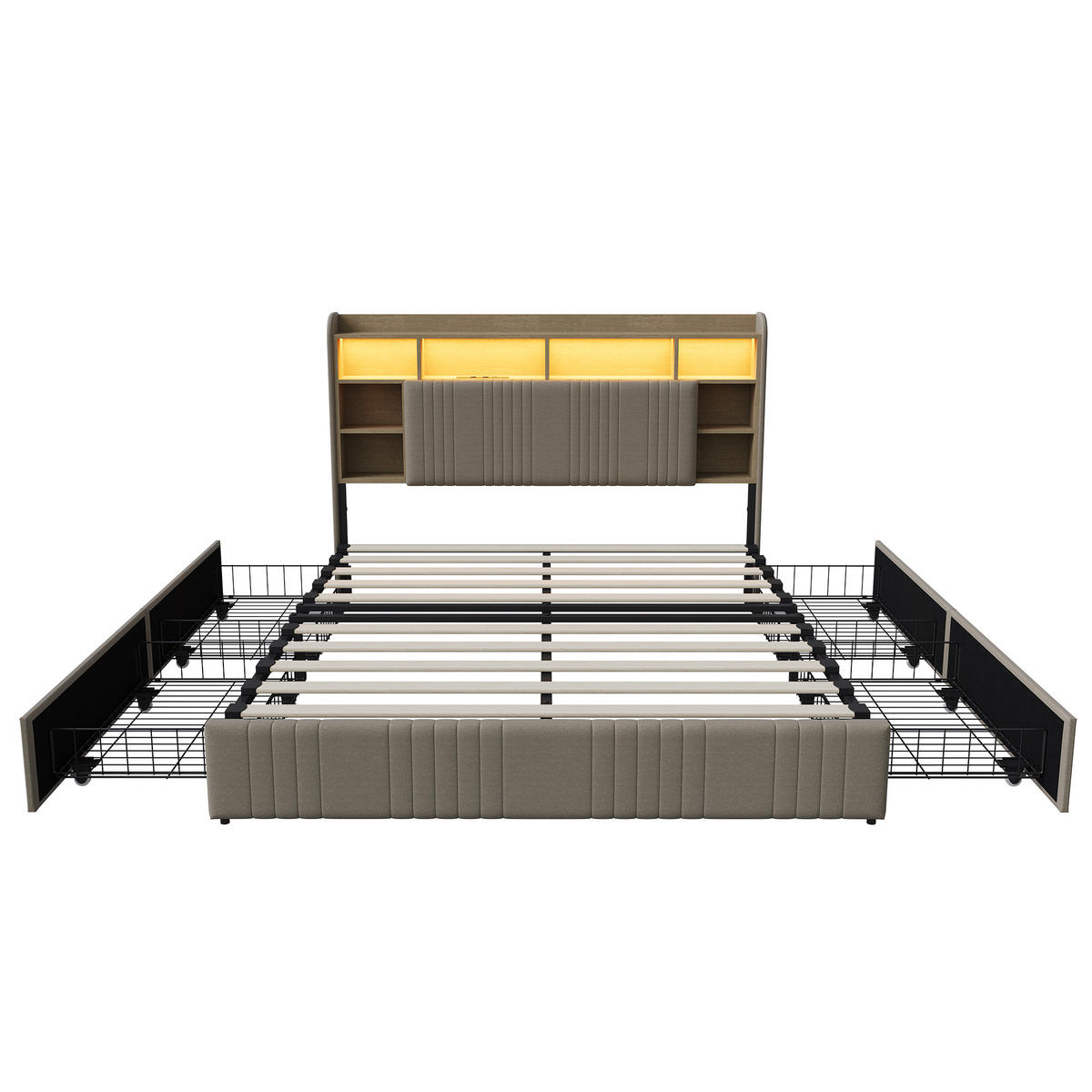 POLSTERBETT 140x200 cm LED USB 4 Schubladen Stauraum Kopfteil Leinen beige - Beige, Holz (140/200cm) - LEBENLANG