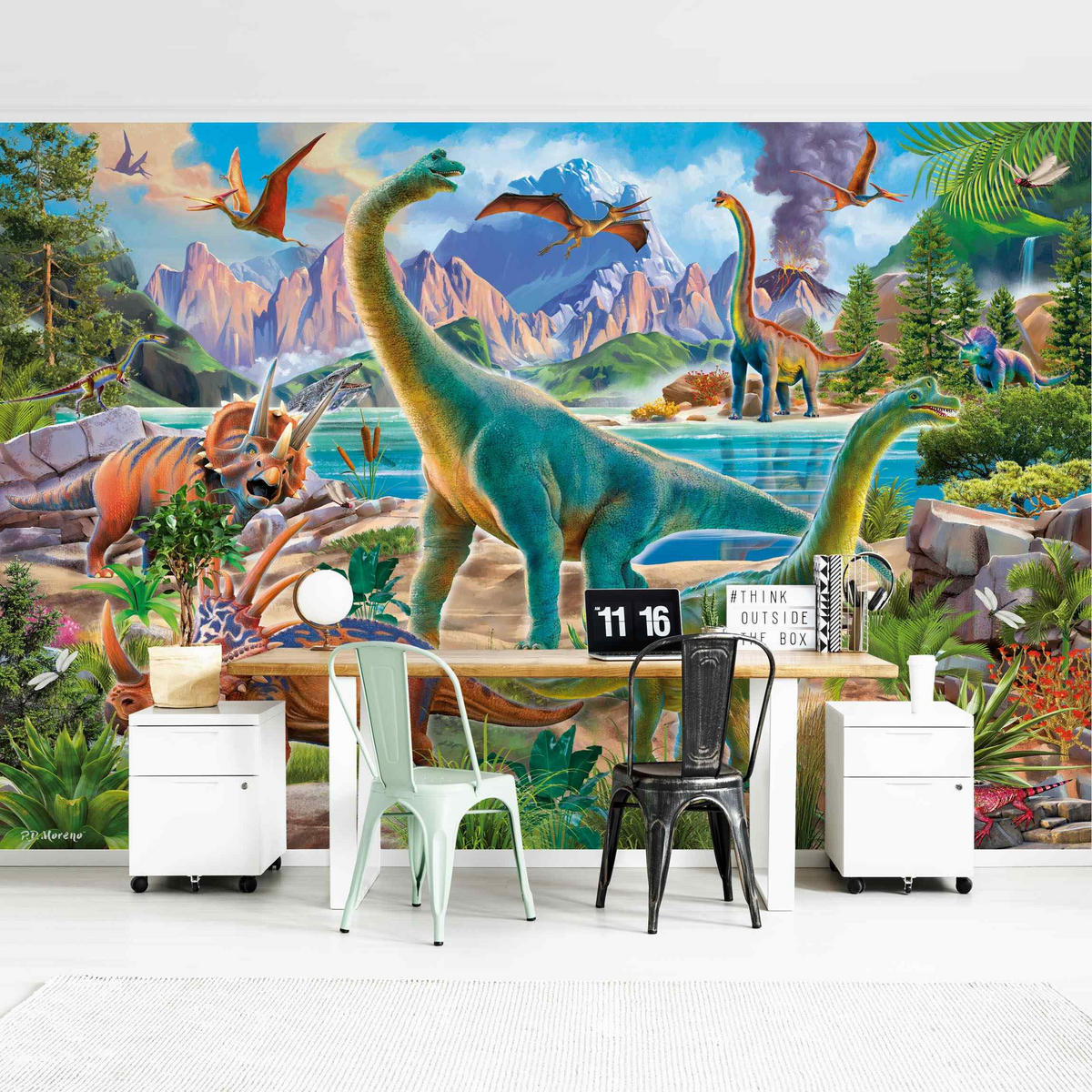 FOTOTAPETE Brachiosaurus und Tricaterops 336/225 cm - Multicolor, Papier (336/225cm) - Bilderwelten