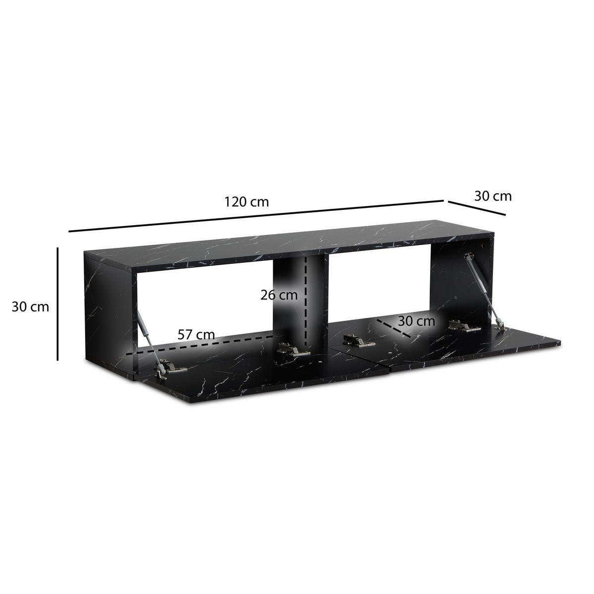 TV-LOWBOARD hängend, Marmor-Optik, Klapptüren, modern, Schwarz 120x30x30 cm - Schwarz, Metall (120/30/30cm) - KADIMA DESIGN