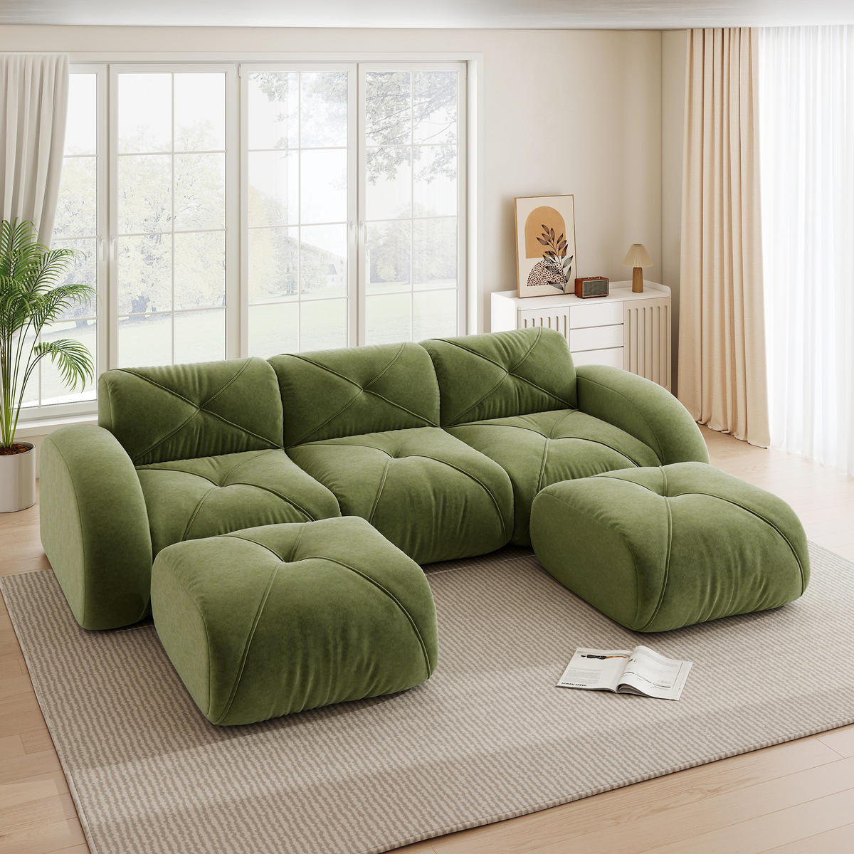 WOHNLANDSCHAFT Grün 281/171/76 cm 3-Sitzer mit 2 Hockern - Grün, Textil (281/76/171cm) - PANGIVO