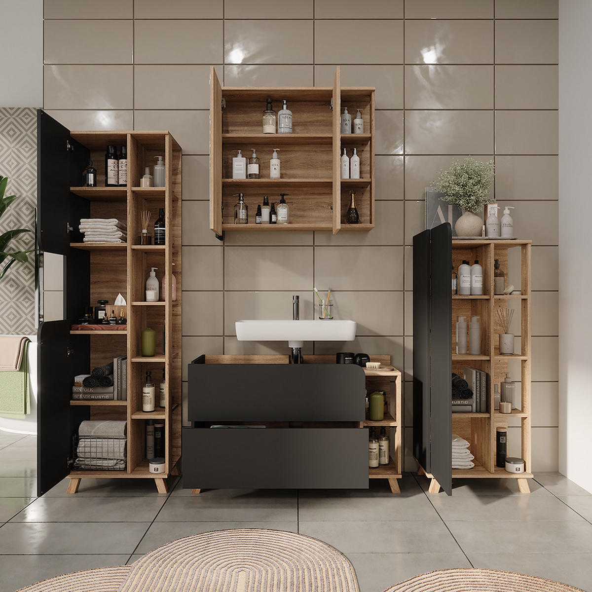 BADMÖBEL-SET Karen Sonoma/Anthrazit 4 Teile - Anthrazit, Holzwerkstoff (100/65/35cm) - Vicco