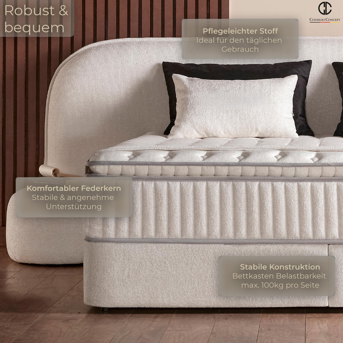 BOXSPRINGBETT MIT BETTKASTEN BALI 160/200 cm, Ivory, Bettkasten, Matratze, Topper integriert, H3 mittel 7-Zonen Matratze - Creme/Schwarz, Holz/Kunststoff (160/200cm) - Consilio Concept