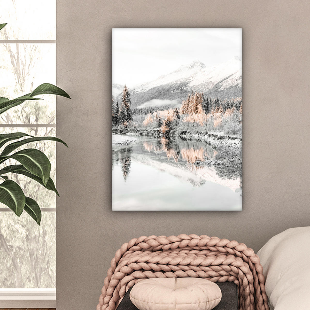 LEINWANDBILD Natur - Winter - Bäume - Berge - Schnee Wandbild Wohnzimmer 60x80 cm - Weiß Hochglanz, Textil (60/80cm) - MuchoWow