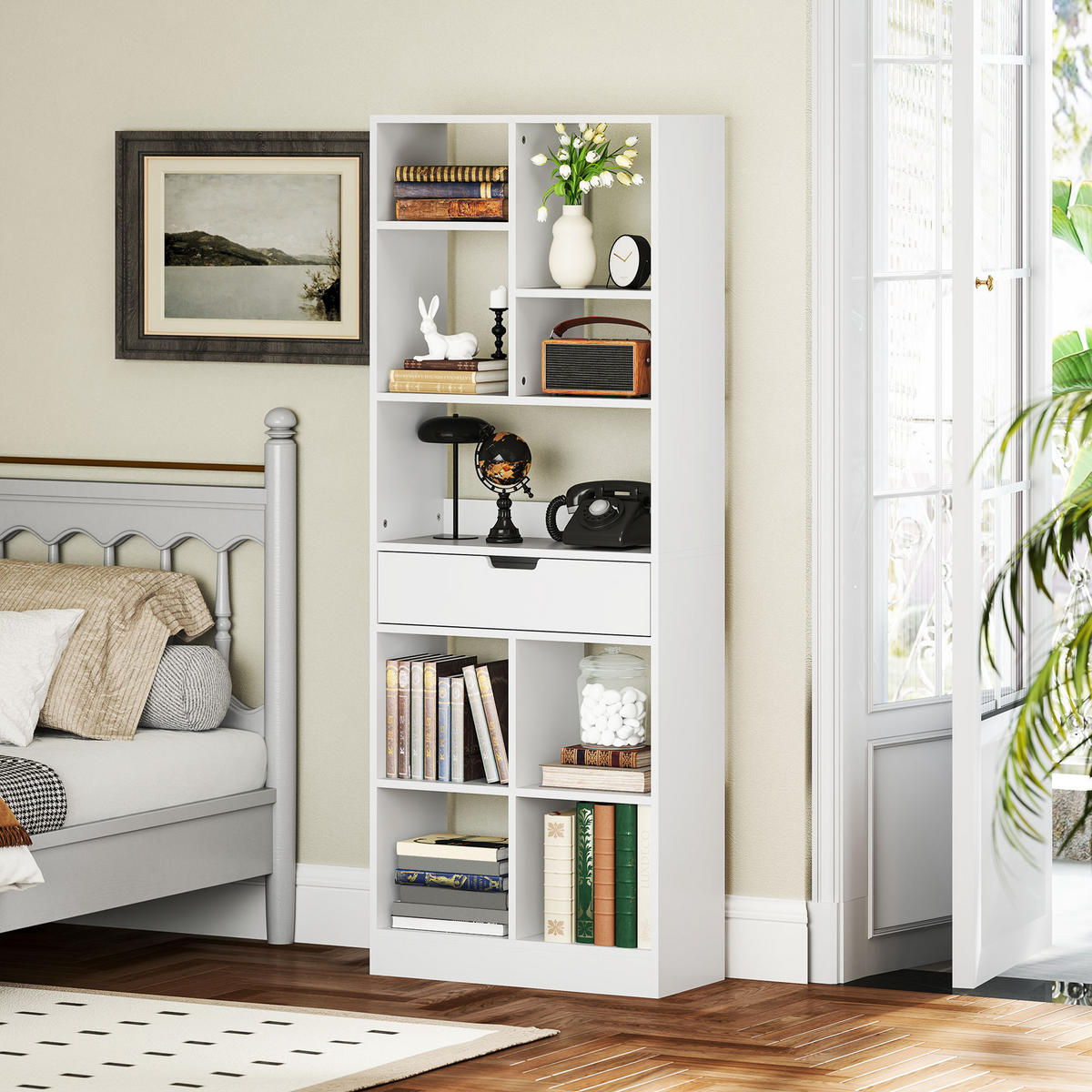 BÜCHERREGAL Standregal mit 9 Regalen, 1 Schublade, Aufbewahrungsregal Weiß - Weiß, Holz/Holzwerkstoff (26/158/60cm) - HOMCOM