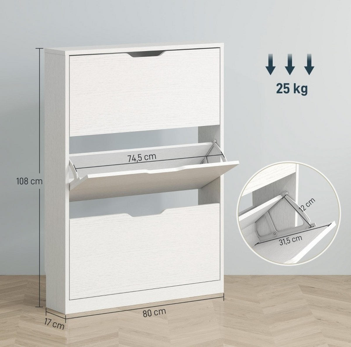 SCHUHSCHRANK mit 3 Klappen 80 x 17 x 108 cm Holz Weiß - Weiß, Holz (17/108/80cm) - Beauniv