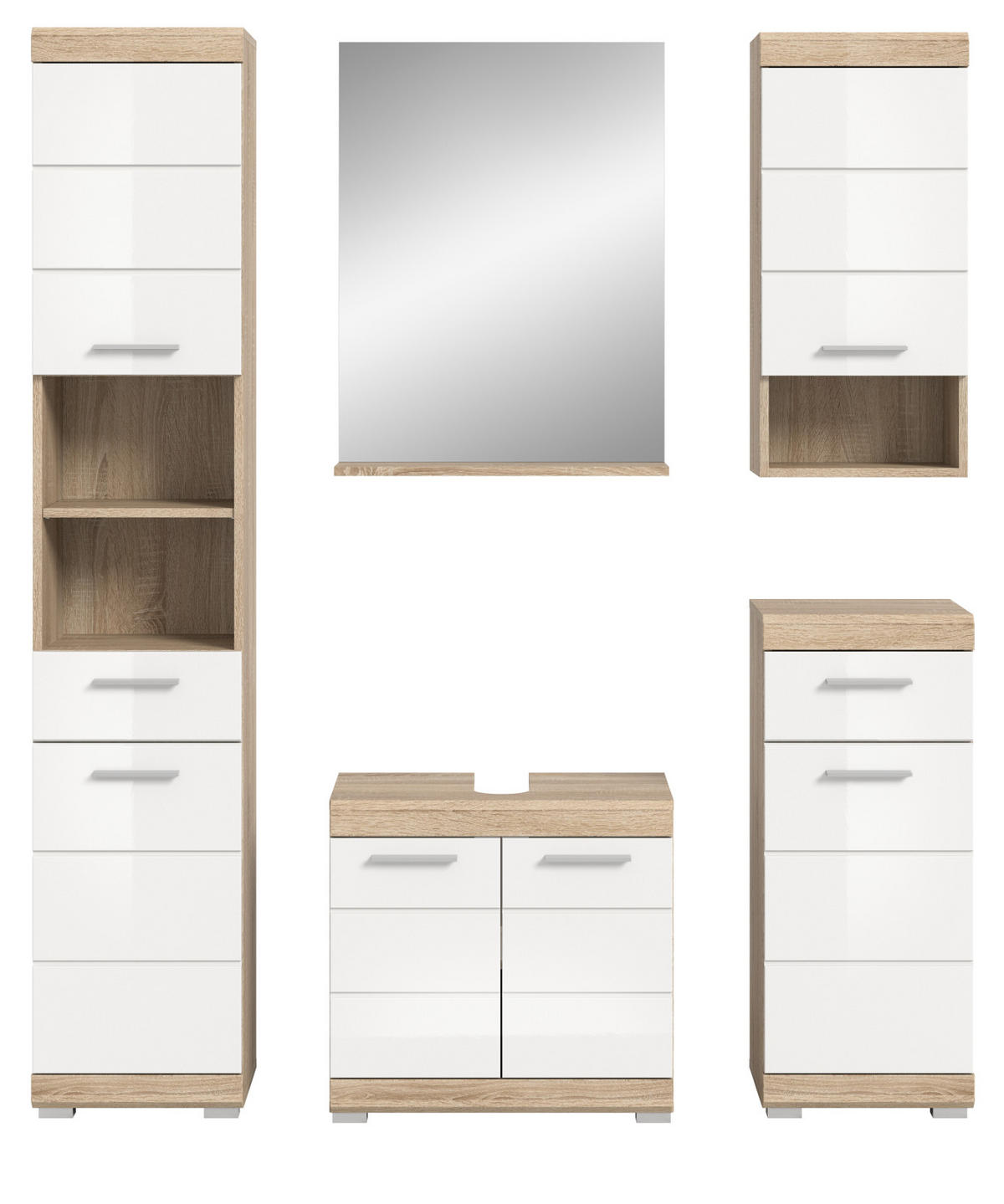 BADMÖBEL-SETWEISS Hochglanz, Eiche 5-teilig 164 cm, Komplettset mit viel Stauraum - Weiß Hochglanz/Eichefarben, Holzwerkstoff (164/191/34cm) - Inn.Furn