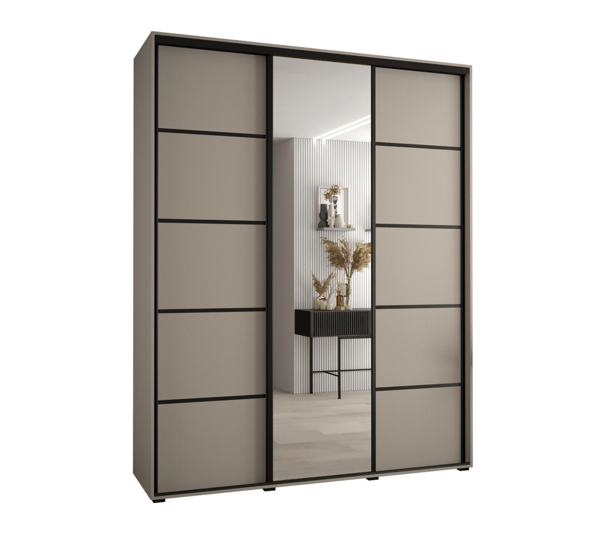 SCHWEBETÜRENSCHRANK 235,2/200/60 3-türig - Kaschmir/Schwarz, Holz/Metall (200/235.2/60cm) - MÖBEL KRYSPOL
