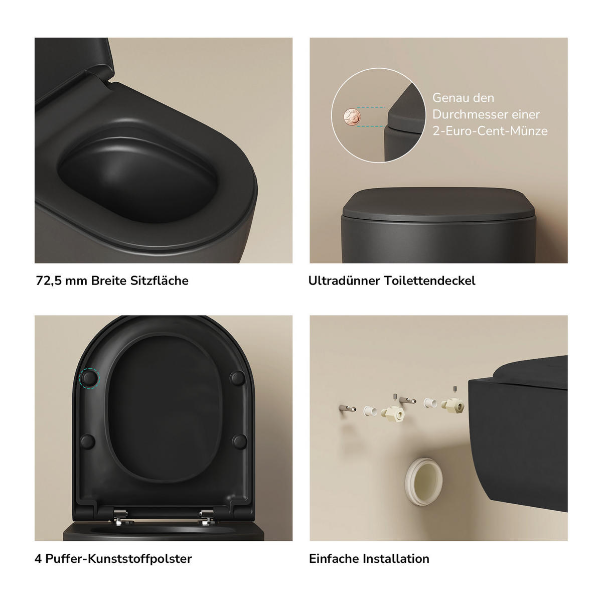 WAND-WC Spülrandlose CT03 55,5/36,5 cm Matt Schwarz - Schwarz, Keramik (36.5/36/55.5cm) - EMKE