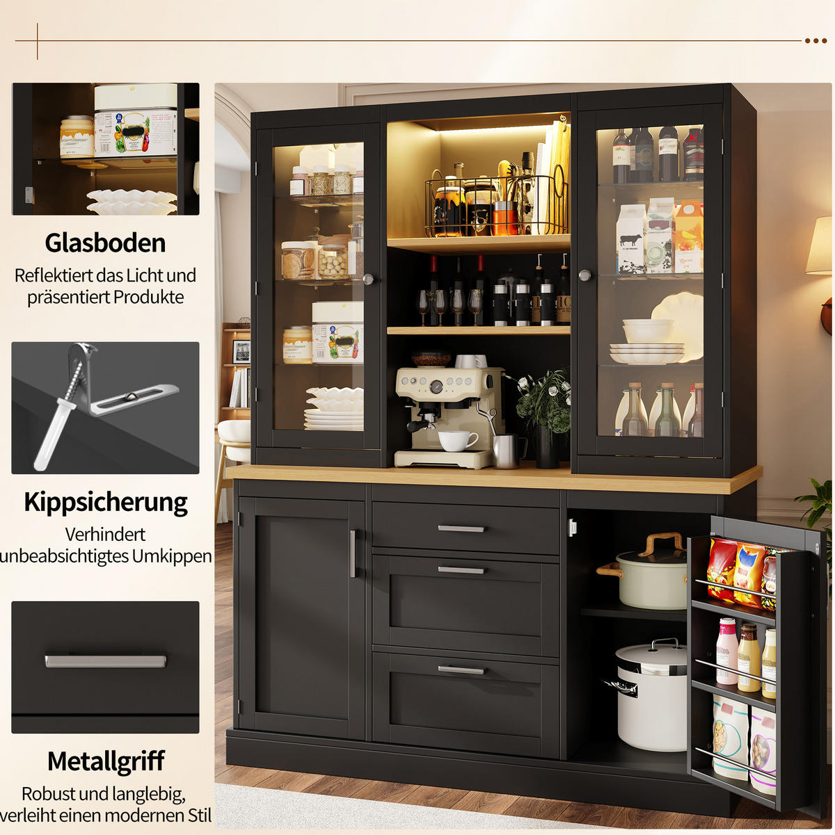 KÜCHENSCHRANK mit LED-Beleuchtung 140 x 40 x 185 cm MDF Schwarz - Schwarz, Holzwerkstoff (40/185/140cm) - Meubliv