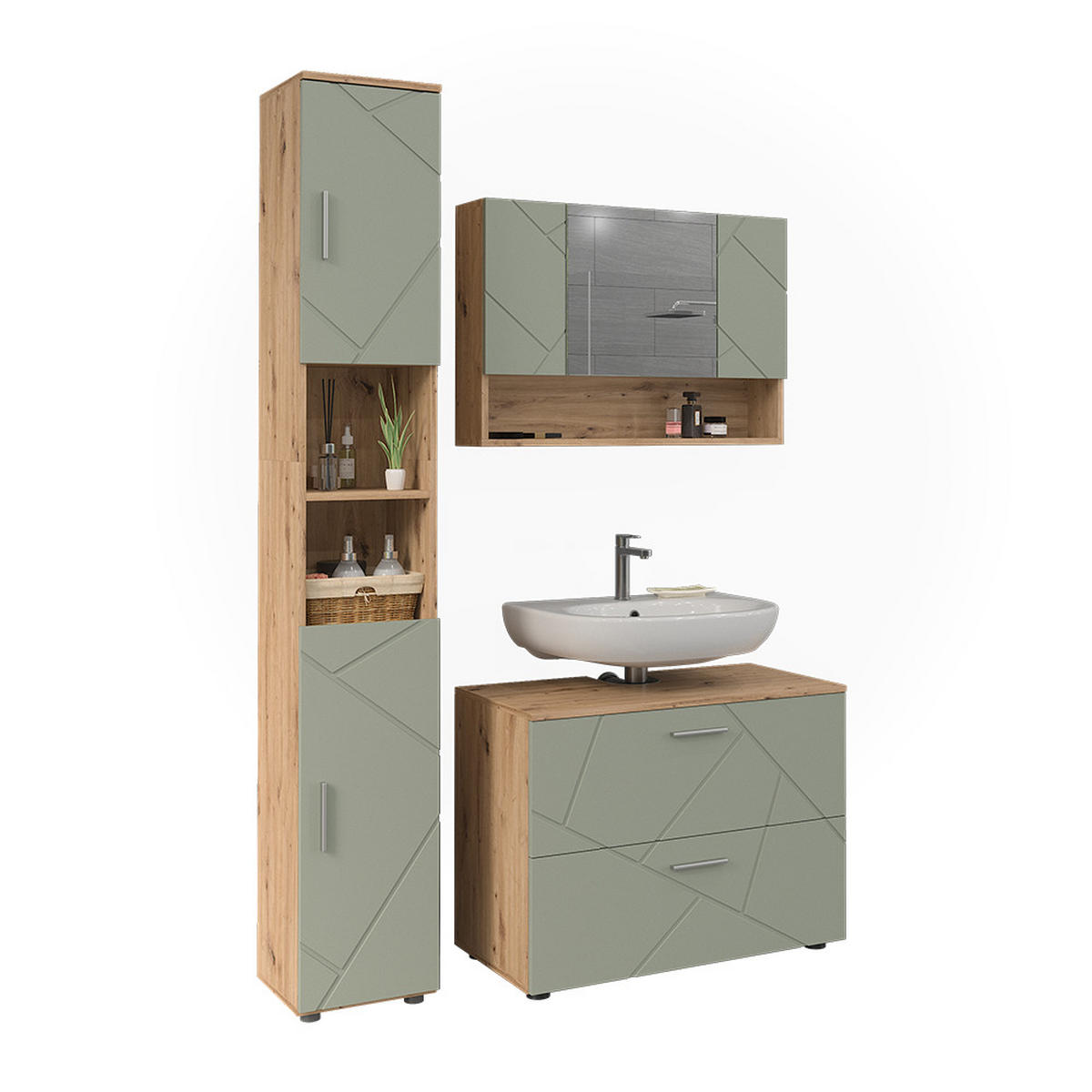 BADMÖBEL-SET Irma Salbeigrün 3 Teile - Salbeigrün, Holzwerkstoff (80/58.6/41cm) - Vicco