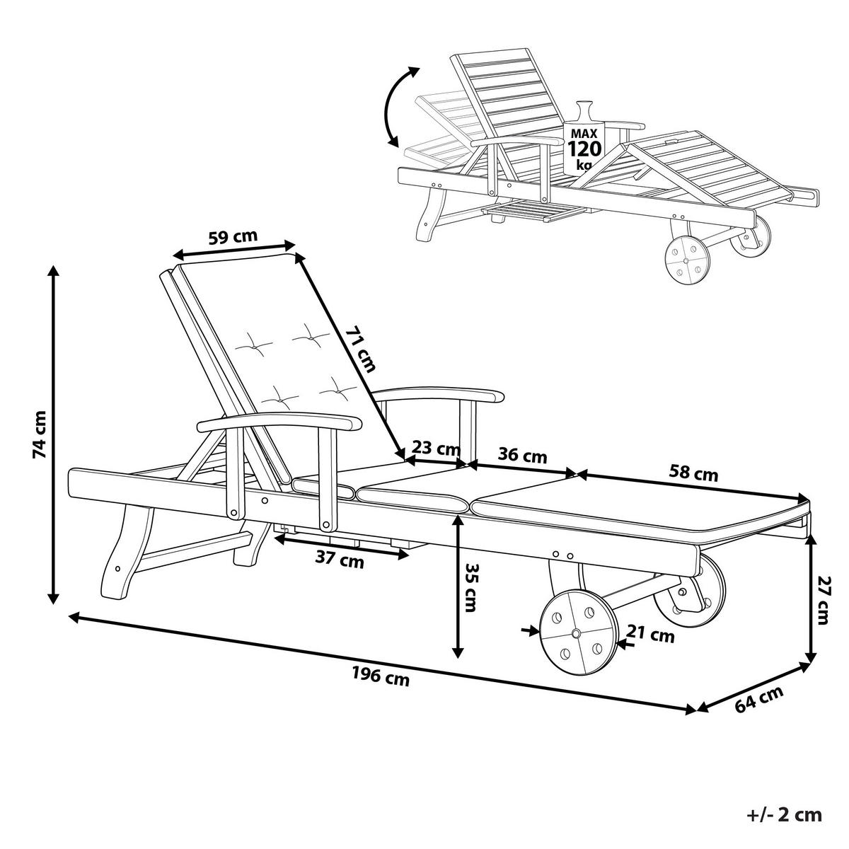 GARTENLIEGE Dunkelbraun Auflage dunkelblau-beige gestreift Amantea - Blau/Dunkelbraun, Holz (64/35/196cm) - Beliani