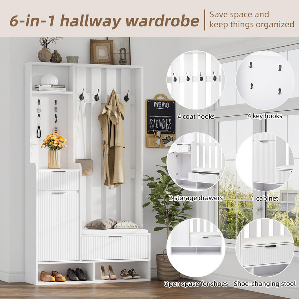 GARDEROBEN-SET mit Schuhbank und 8 Haken 100x30x180 cm - Weiß, Holzwerkstoff (30/180/100cm) - Fuleadture