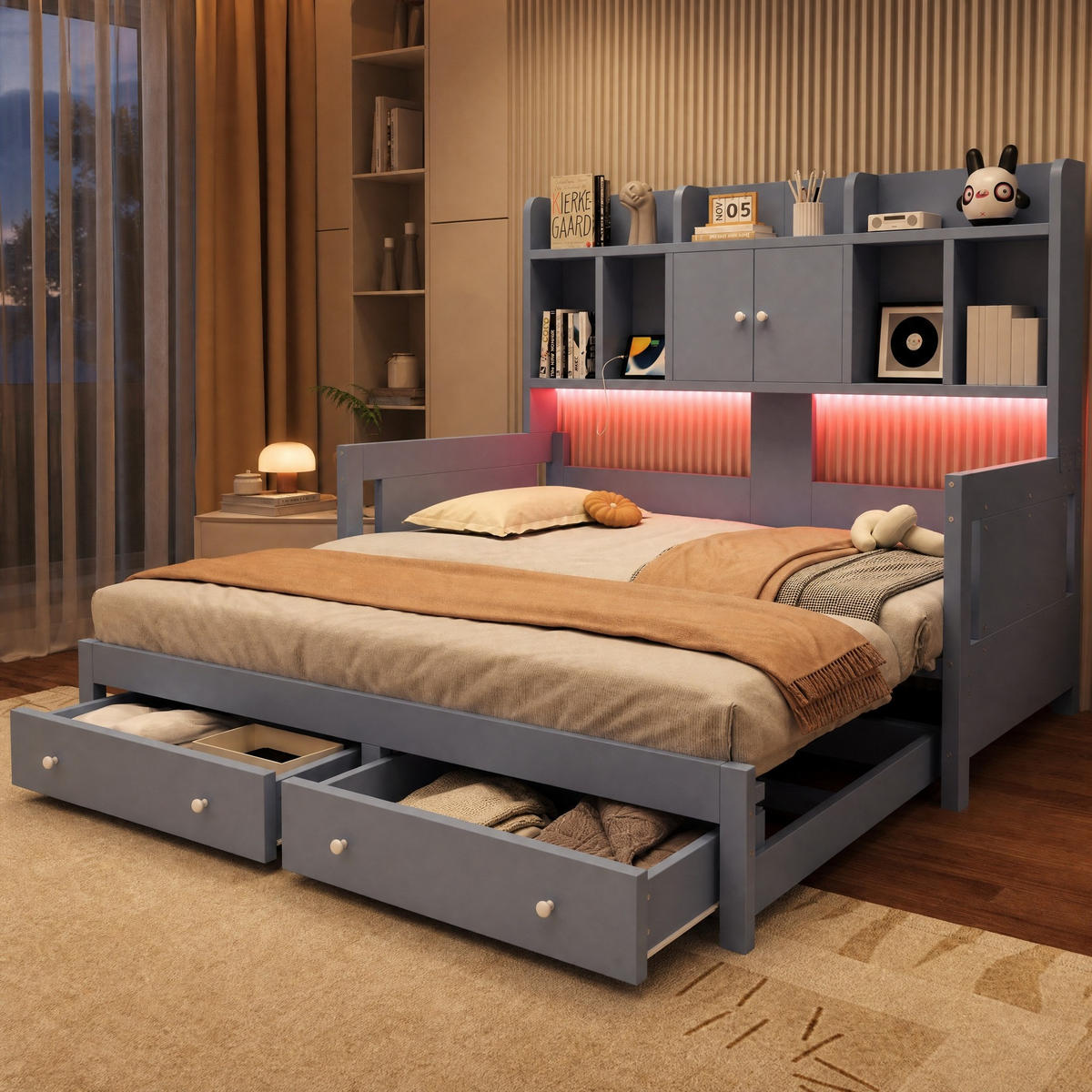 SCHLAFSOFA aus Sperrholz und MDF 90x190 cm Grau ausziehbar mit Schubladen, LED und Steckdose - Grau, Holz (90/190cm) - IVMEU
