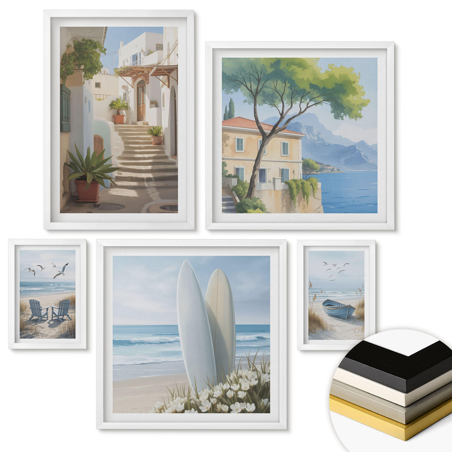 WANDBILDER 5er-Set - 50x50 cm & 20x30 cm & 40x60 cm Weißer Rahmen - Straßenblumen, Fahrrad bemalt - Weiß, Kunststoff (40/60cm) - ArtPrintCave