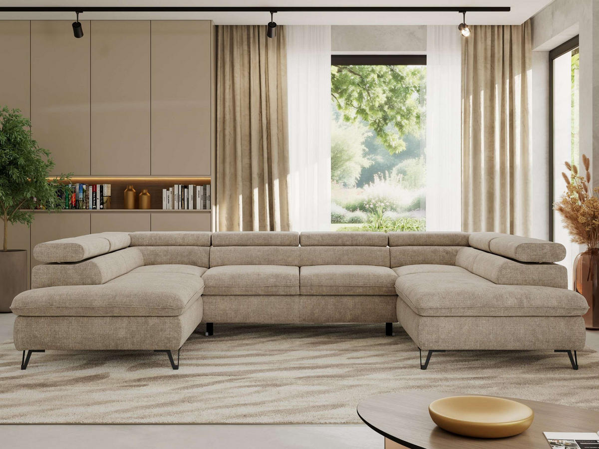 WOHNLANDSCHAFT PABLO U Schenille grob gewebt Beige mit Topper Visco - Beige/Schwarz, Textil/Metall (346/76/208cm) - MKS