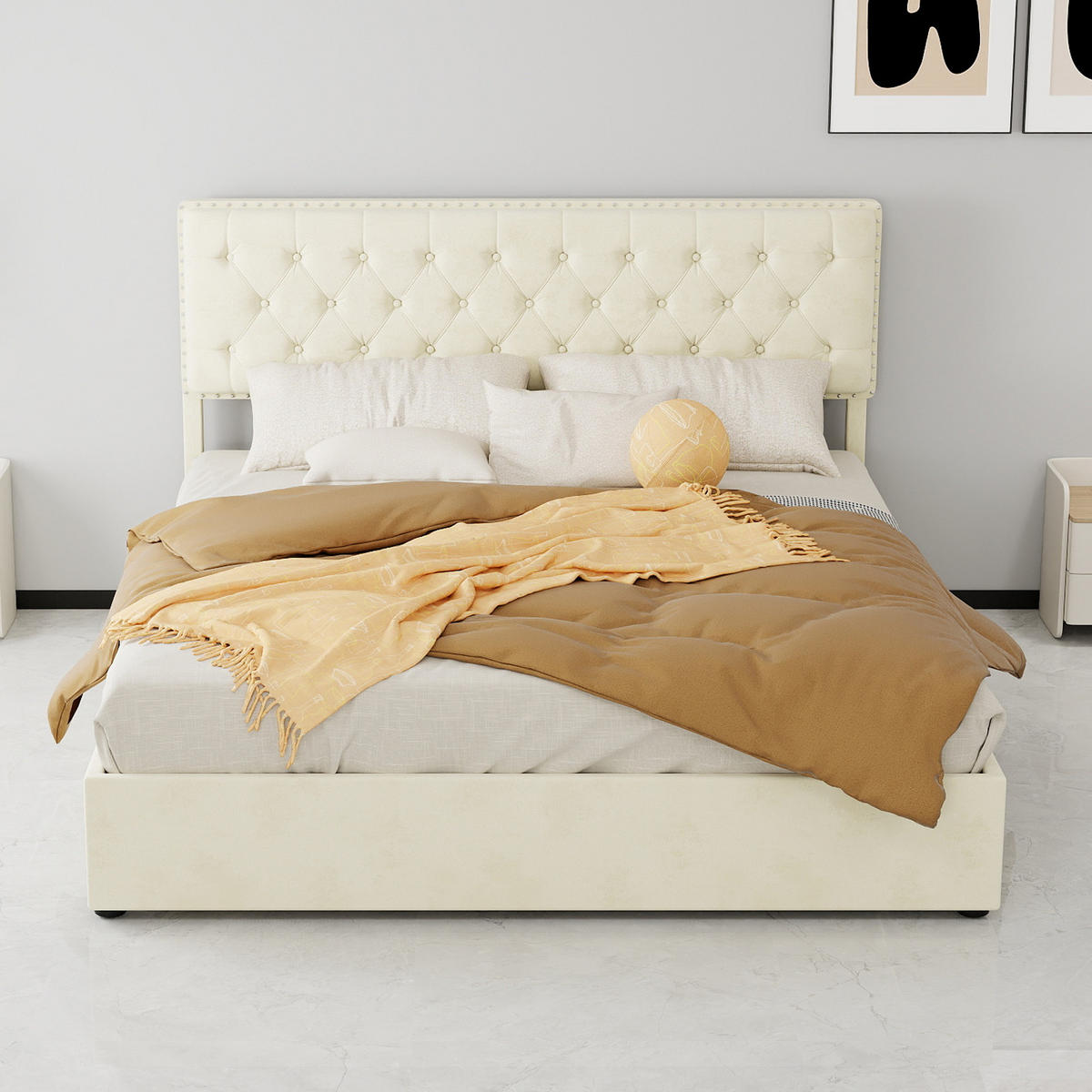 POLSTERBETT 160/200 cm in Beige mit Stauraum unter dem Bett Stoff im Glamour-design - Beige, Holzwerkstoff/Textil (160/200cm) - STILVORA