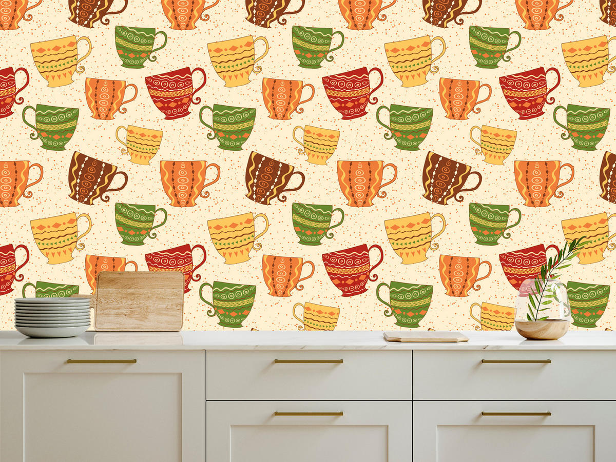 VLIESTAPETE Tassen und Punkte im Vintage-Stil – Bunt, Beige – 50x1000 cm - Beige/Multicolor, Papier (50/1000cm) - Muralo
