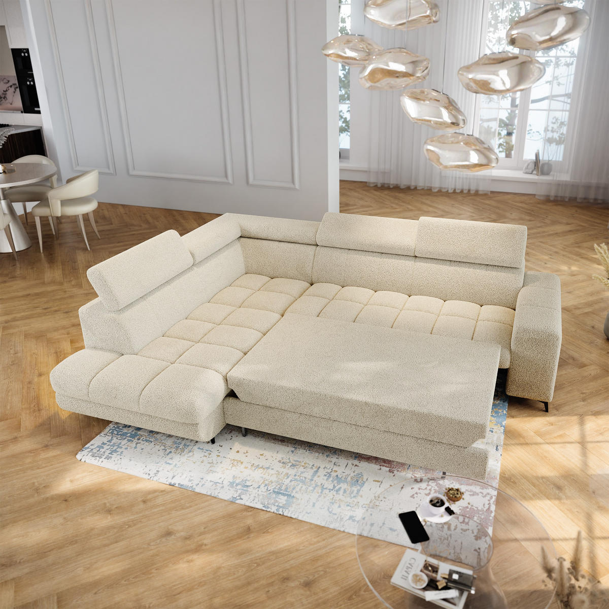 ECKSOFA MORIVA Q L-S Creme Boucle-Stoff mit Schlaffunktion - Creme, Holzwerkstoff/Textil (253/190cm) - MASSENO