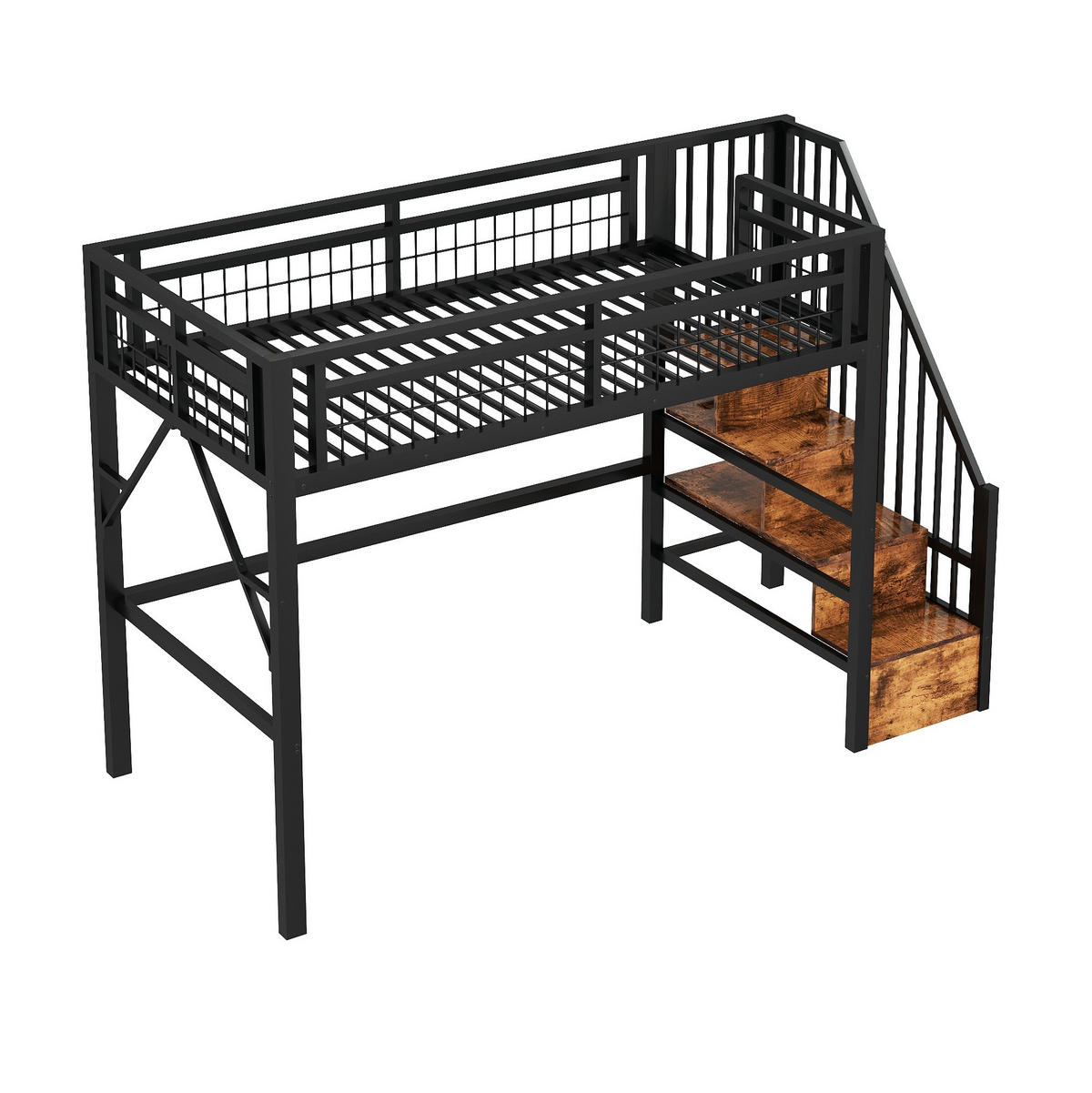 HOCHBETT aus Metall und MDF 90x200 cm Schwarz mit LED-Lichtleiste, Stauraumtreppe und offenem Freiraum - Schwarz, Metall (90/200cm) - Modfu