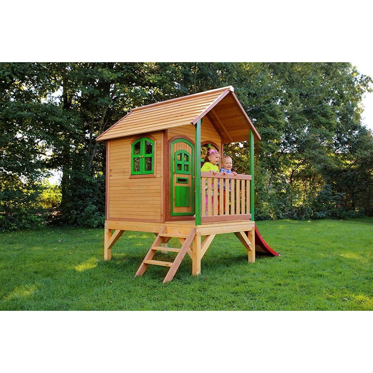KINDERSPIELHAUS TOM Braungrün mit Rutsche Rot - Rot, Holz (187/227/262cm) - Axi House