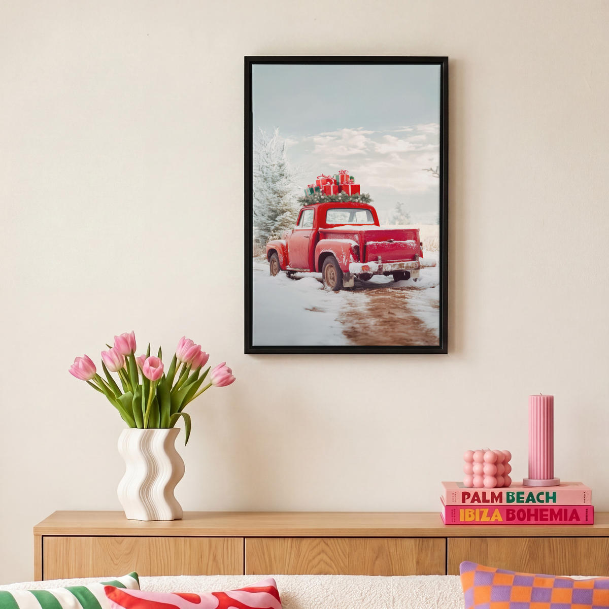 LEINWAND Bilder mit Rahmen - Auto - Rot - Geschenke - Winter - Schnee - Weihnachten - 20x30 - Rot, Textil (20/30cm) - MuchoWow