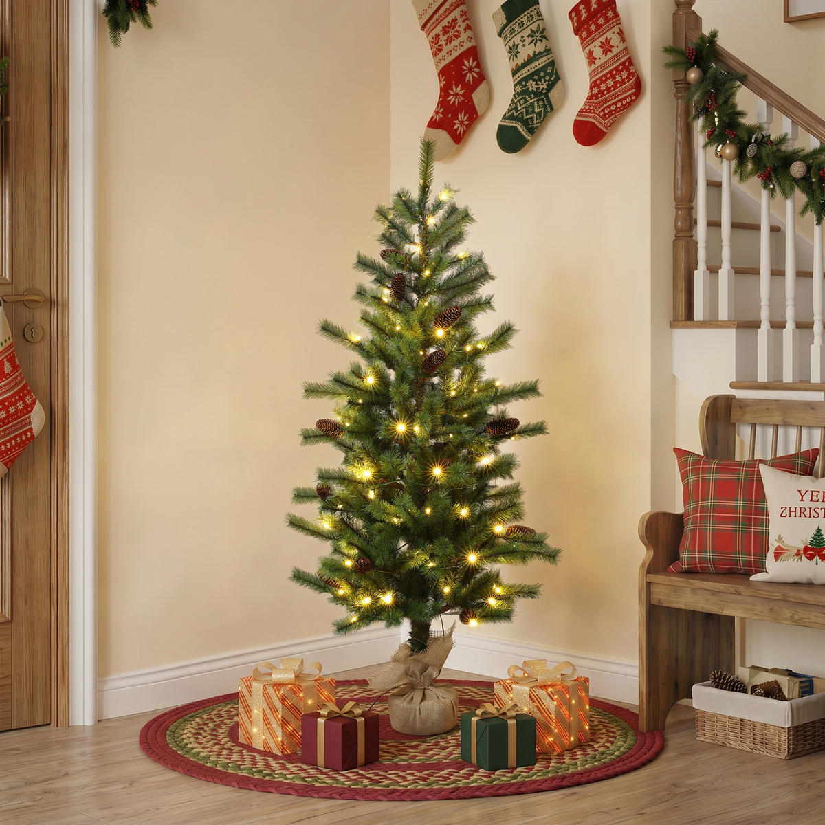WEIHNACHTSBAUM 138 cm mit 80 LEDs, Kiefern-Optik, Grün - Grün, Kunststoff (138cm) - Hometopia
