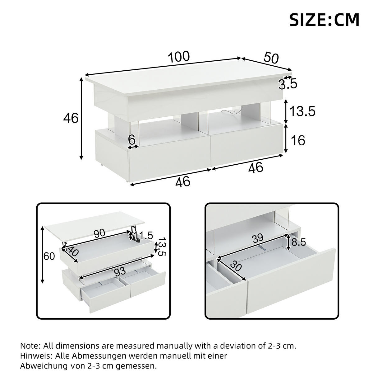 COUCHTISCH 100/50/46 cm mit anhebbarer Tischplatte, LED-Beleuchtung und 2 Schubladen, Weiß - Weiß, Holzwerkstoff (120/50/46cm) - Redom