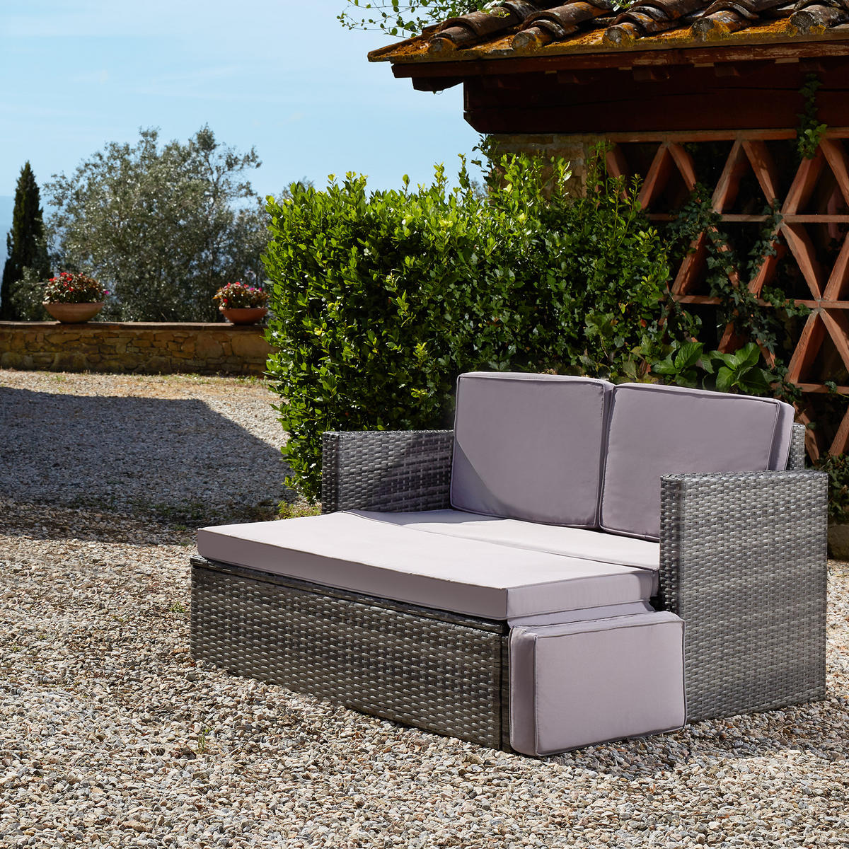RATTANLOUNGE Korfu,Hocker mit klappbarer Stütze,schwarz/grau - Schwarz/Grau, Kunststoff - tectake