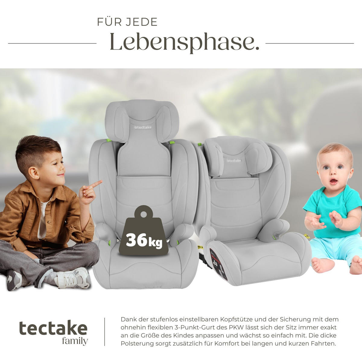 AUTOSITZ Levi, von 100 bis 150 cm, Belastbarkeit 36 kg, hellgrau - Hellgrau, Kunststoff (48/81/45cm) - tectake