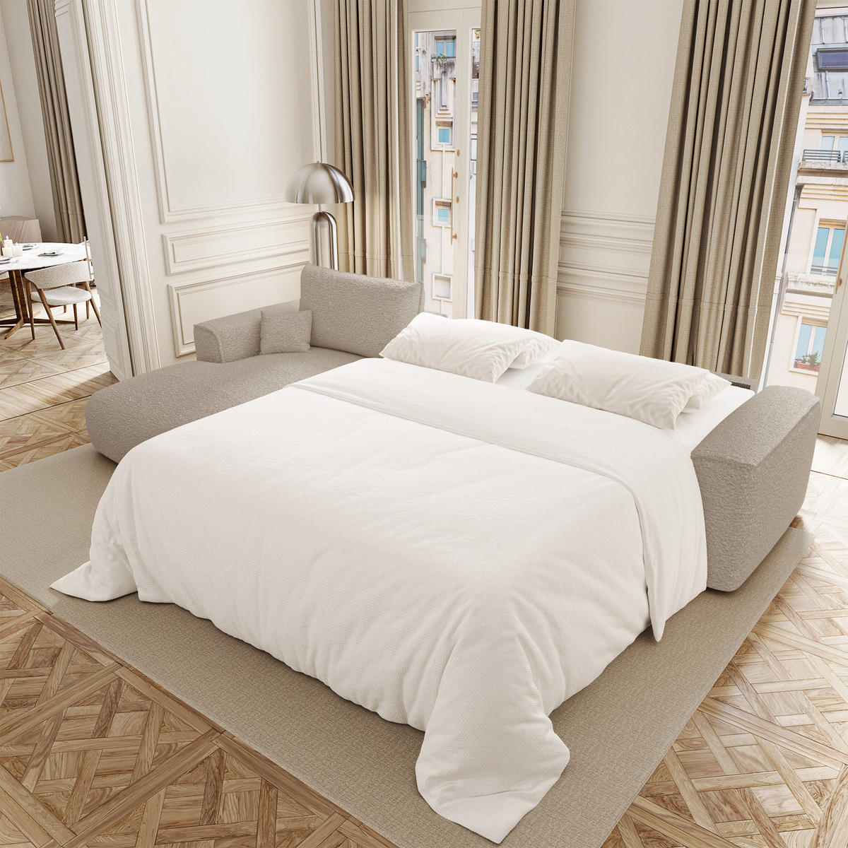 SCHLAFSOFA Express COMO Bouclé-Stoff Beige 300cm - Beige, Textil (300/165cm) - Premium Interiors