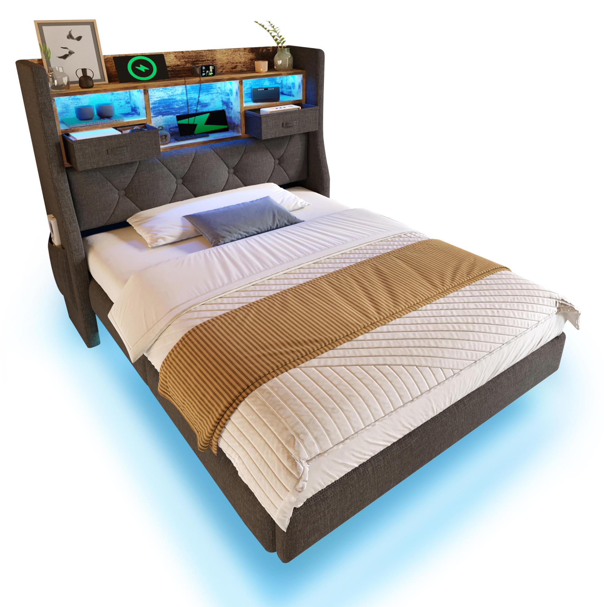 BETT mit LED und Ladestation 90x200 cm Leinen Gray mit Matratze - Grau, Holzwerkstoff (90/200cm) - Meubliv