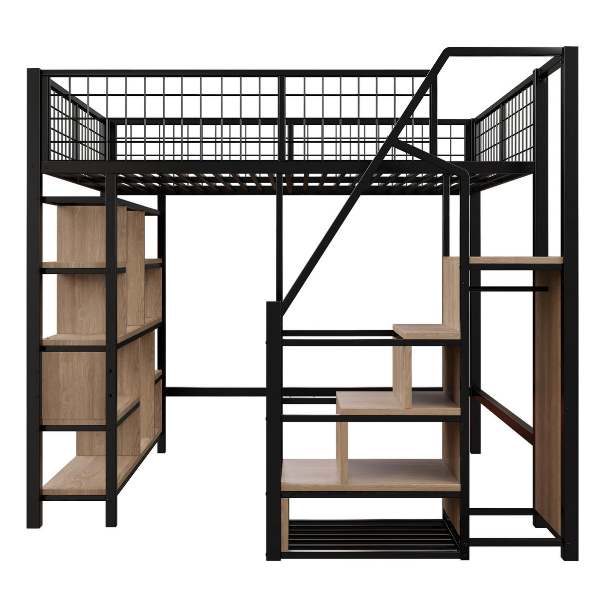 HOCHBETT 140/200 cm in Schwarz – mit Stauraumtreppe und offenem Arbeitsbereich - Schwarz, Metall (140/200cm) - BEAOK