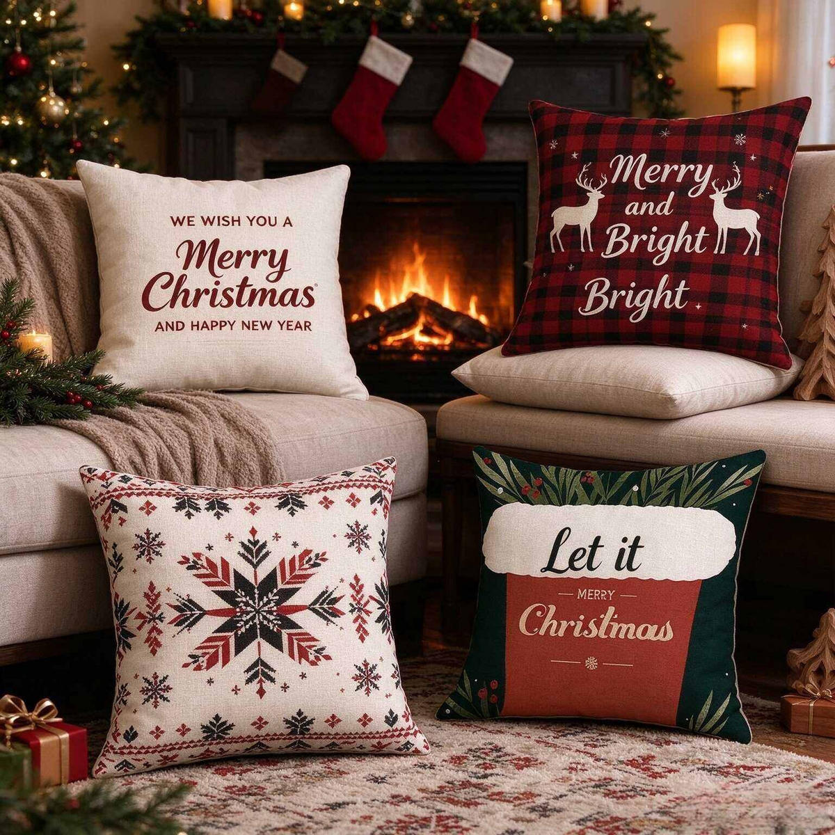 KISSENBEZUG – Weihnachtskissenbezug (Kissenfüllung nicht enthalten) – 45 x 45 cm – Multicolor(vier Stück) - Multicolor, Textil (45/45cm)