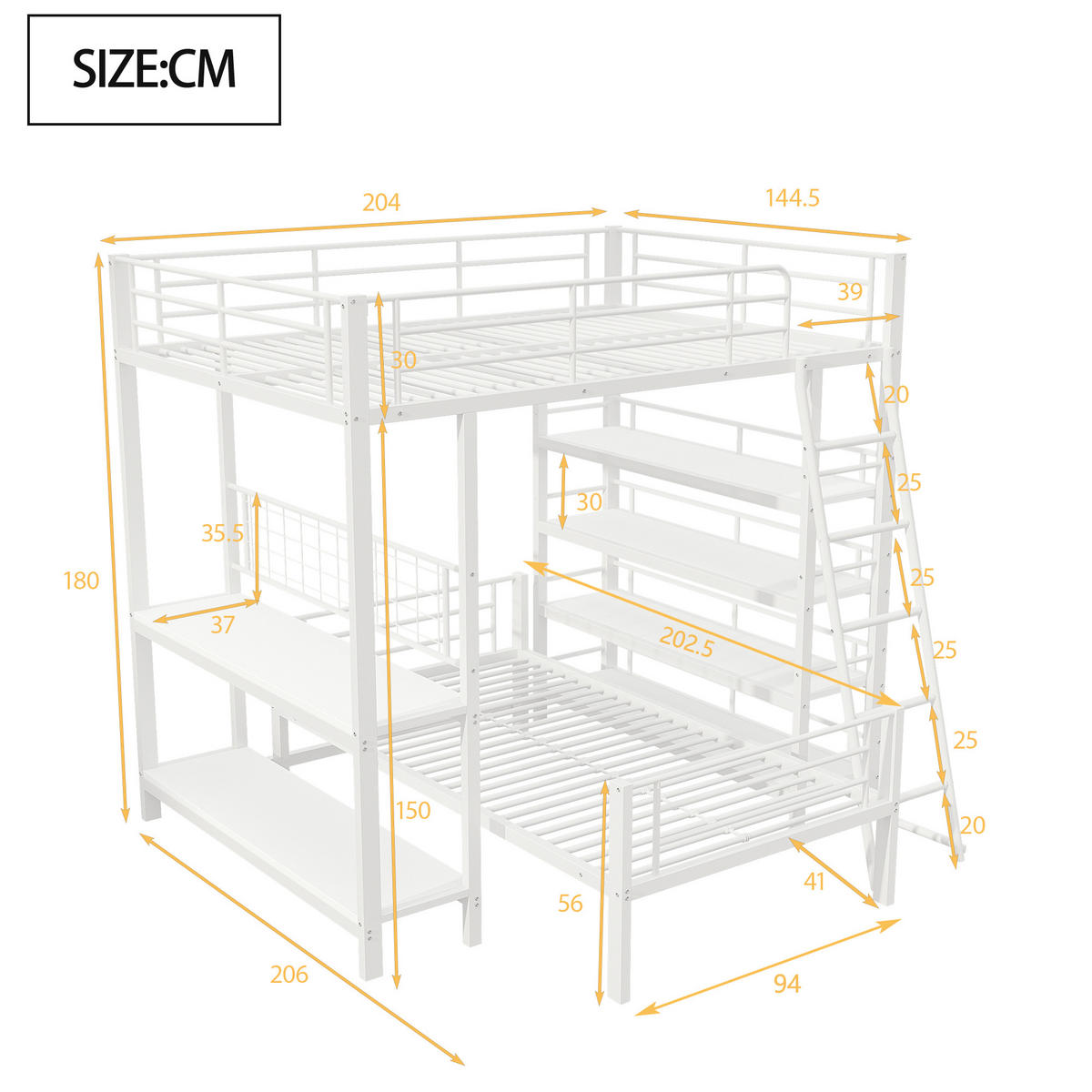 ETAGENBETT 140/200 cm DE-01346, in Weiß, mit Ablagefächern - Weiß, Metall (140/200cm) - ComfortXL