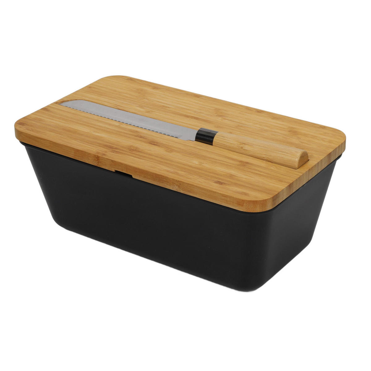 BROTKASTEN mit Bambusdeckel und Brotmesser 34,8/20/15,5 cm - Schwarz, Naturmaterialen (20/15.5/34.8cm) - Kesper