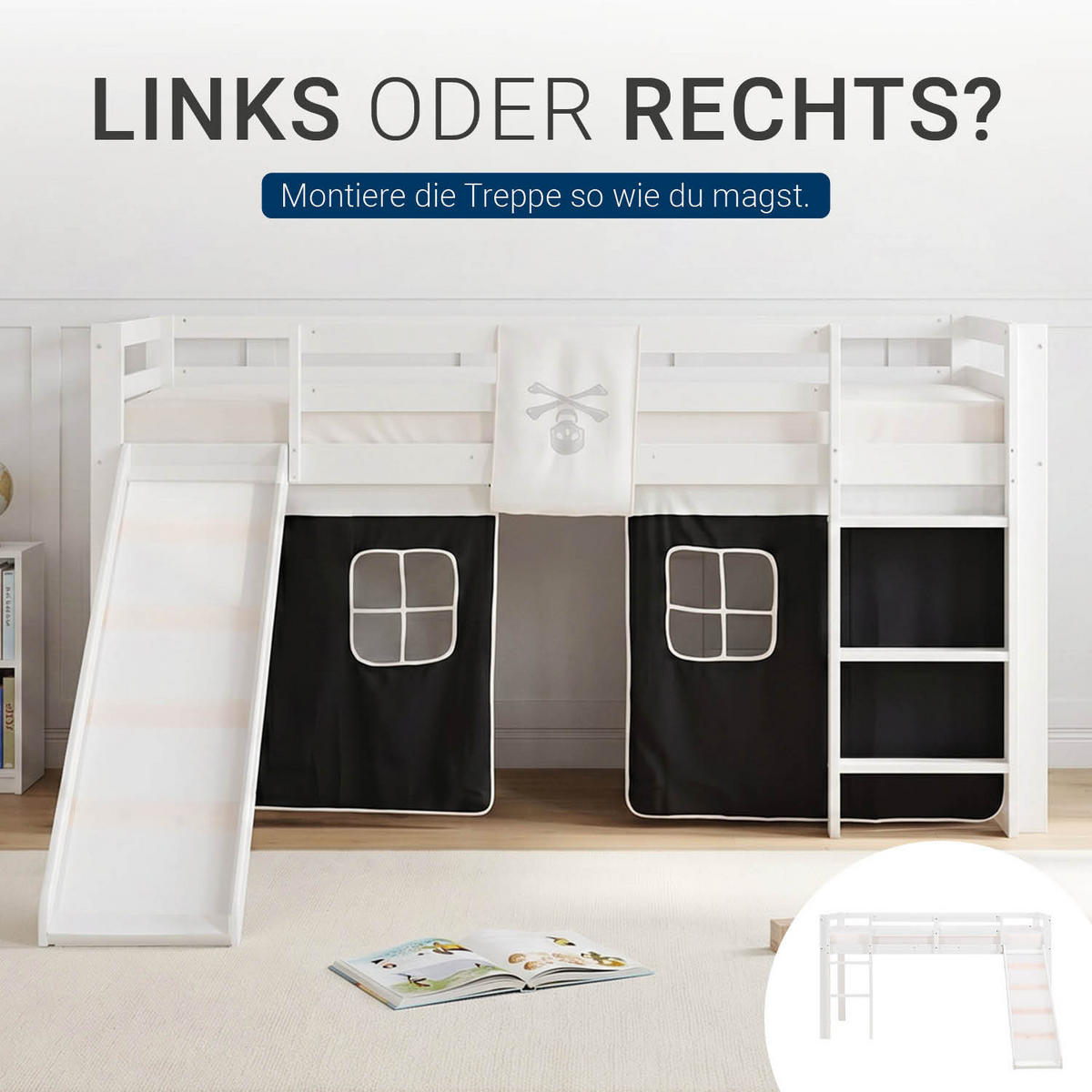 HOCHBETT mit Rutsche 90/200 cm Pirat - Schwarz/Weiß, Holz - Homestyle4u