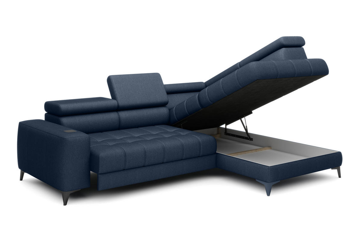 ECKSOFA BAGGIO Letto Stoff, Schlaffunktion, Bettkasten, Sitztiefe, Kopfstützen 280x196cm – Rechts – Marineblau - Dunkelblau, Holz/Textil (280/196cm) - DomoHome