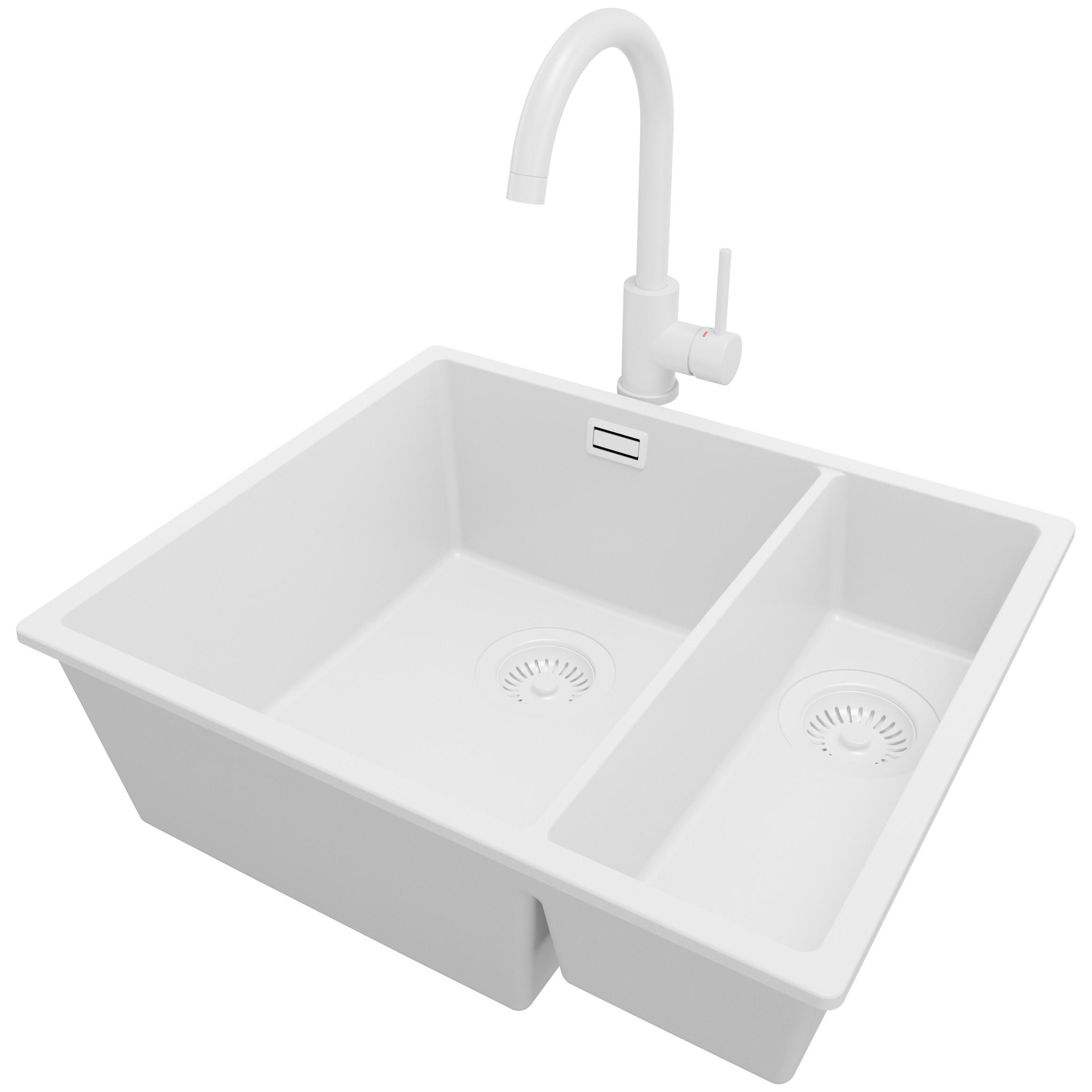 UNTERBAUSPÜLE GRANIT London Duo, 2-er set Alles Weiß 56/47 cm 1,5 Becken + Küchenarmatur 32/20 cm + Ablauf-Set ab 60er Unterschrank - Weiß, Kunststoff (56/20/47cm) - Primagran