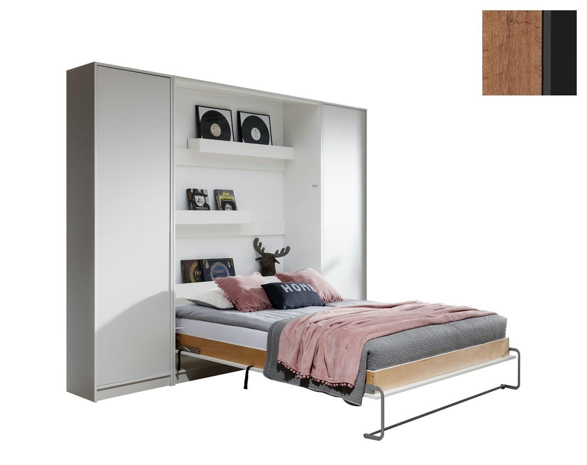 SCHRANKBETT Wandklappbett vetikal VB140x200 mit 2 Schränken - 3-tlg. - Eiche Lancelot & Schwarz - Schwarz/Braun, Holzwerkstoff (140/200cm) - QMM TraumMöbel
