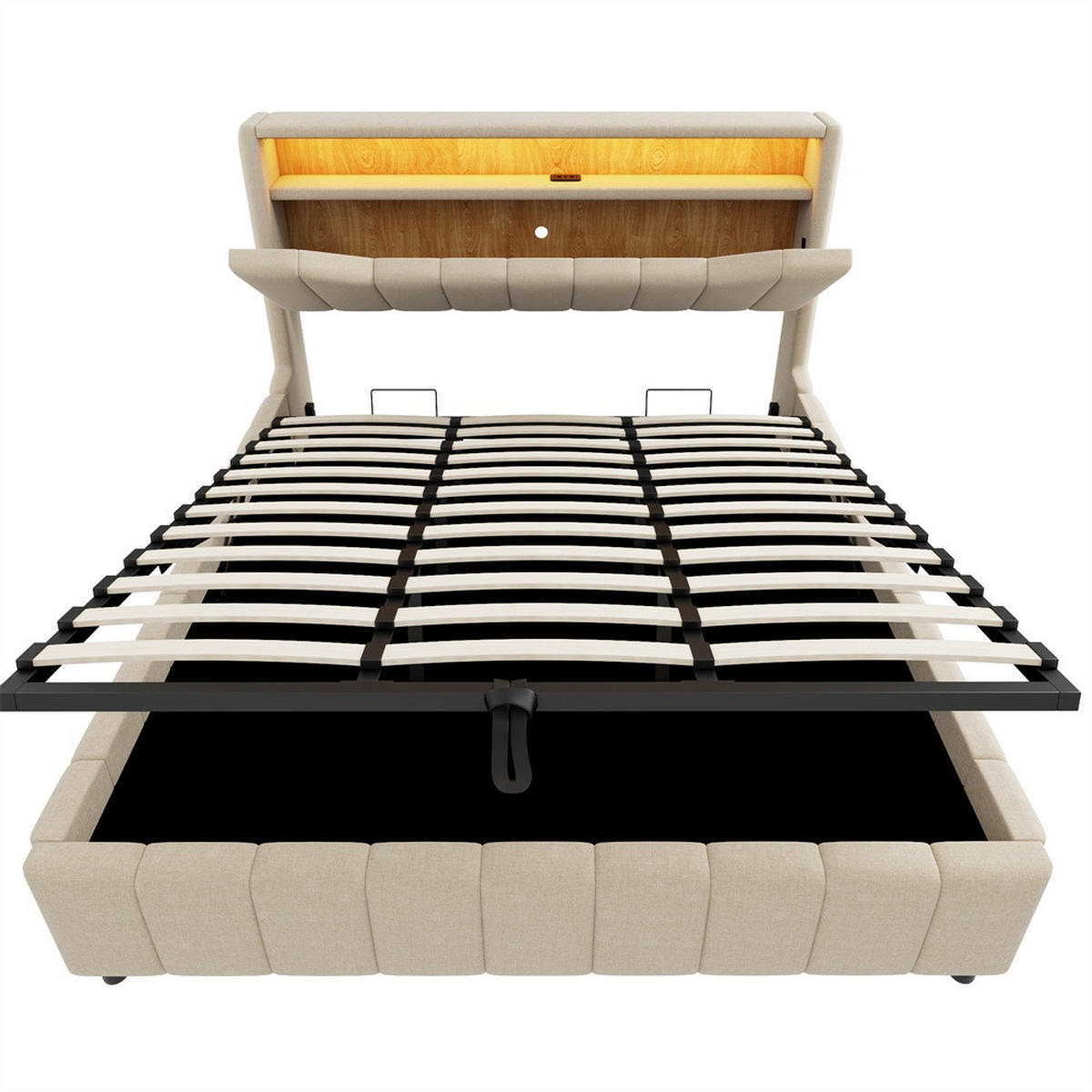 POLSTERBETT 180x200 cm mit hydraulischem Stauraum - klappbarem Kopfteil, LED & USB - Beige - ohne Matratze - Beige, Textil (180/200cm) - DELFA