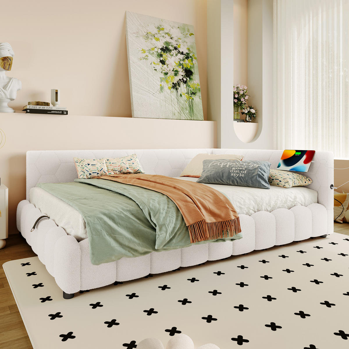 TAGEBETT 140x200cm Weiß Vliesimitat LED-Licht Hydraulik USB-C - Weiß, Holz (140/200cm) - FLIEKS