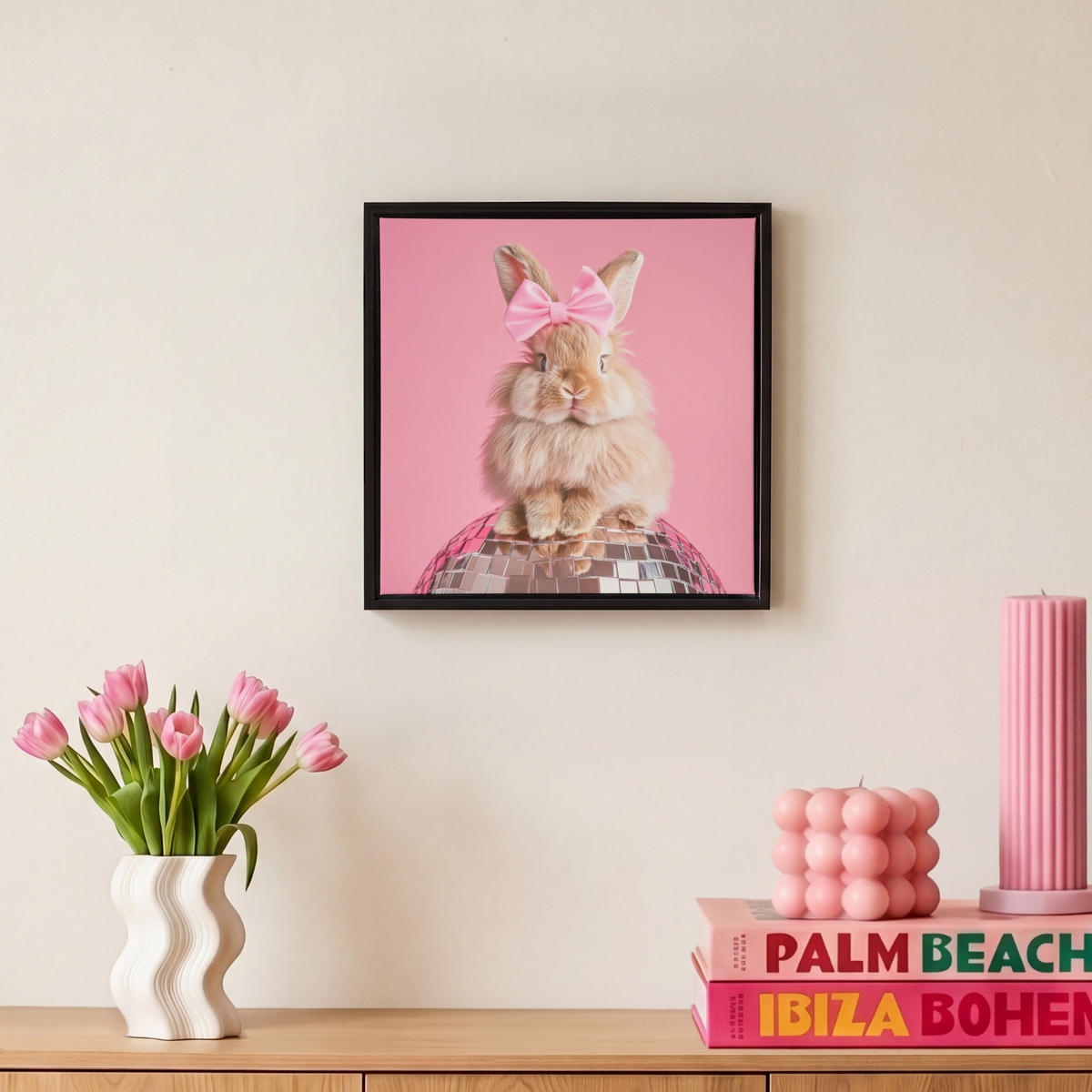 LEINWAND Bilder mit Rahmen - Schleife - Discoball - Kaninchen - 20x20 - Pink, Textil (20/20cm) - MuchoWow